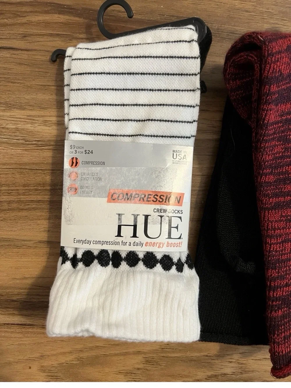 Hue Women’s Black Jean Socks, White Stripe Compression Socks, Red/Black Socks